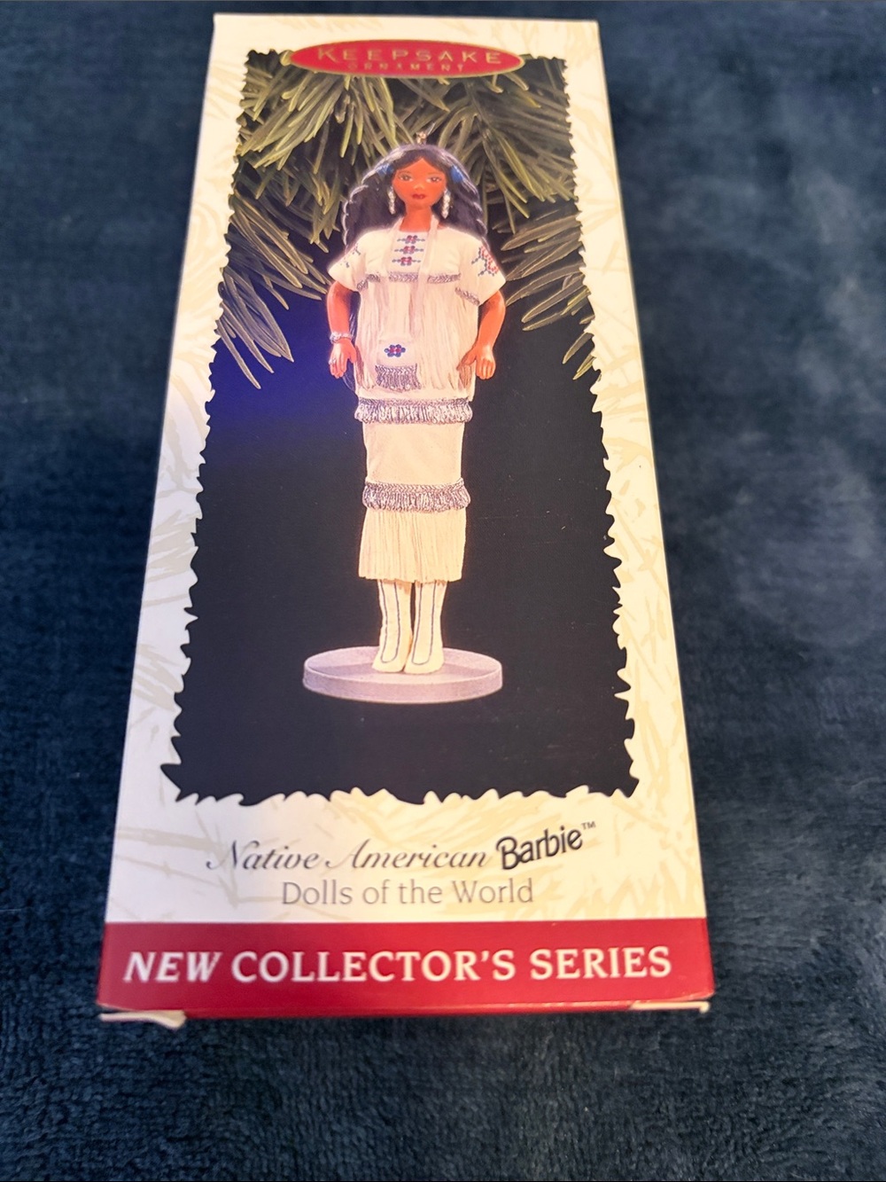 Barbie Native American doll ornament in non-fabric White dress with fringe